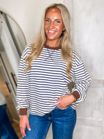 Load image into Gallery viewer, Just A Min Navy Stripe L/S Crew Top
