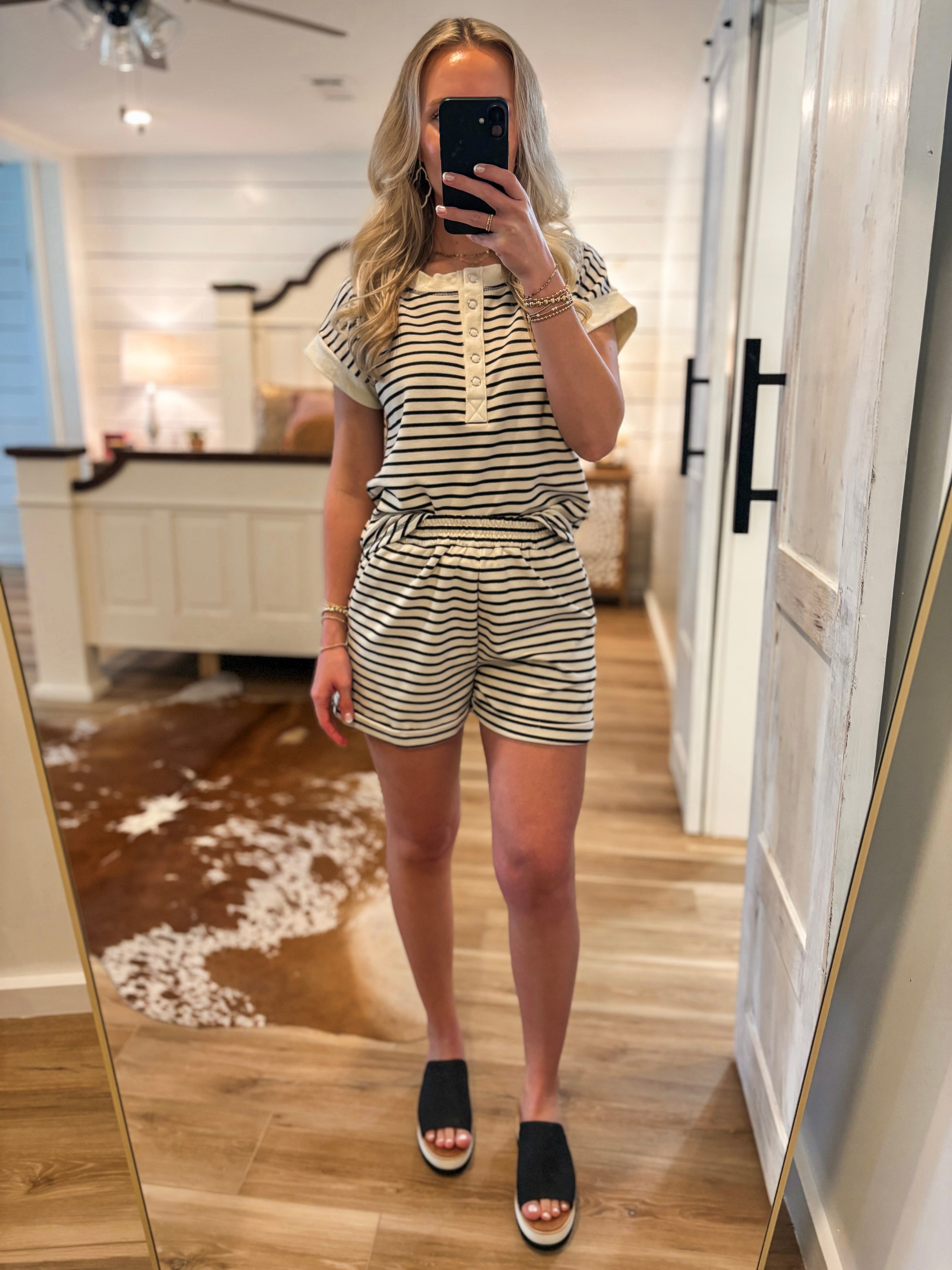 Everything To Me Black Striped Henley Tee & Shorts Set
