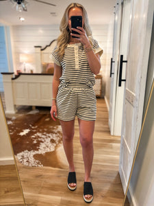 Everything To Me Black Striped Henley Tee & Shorts Set