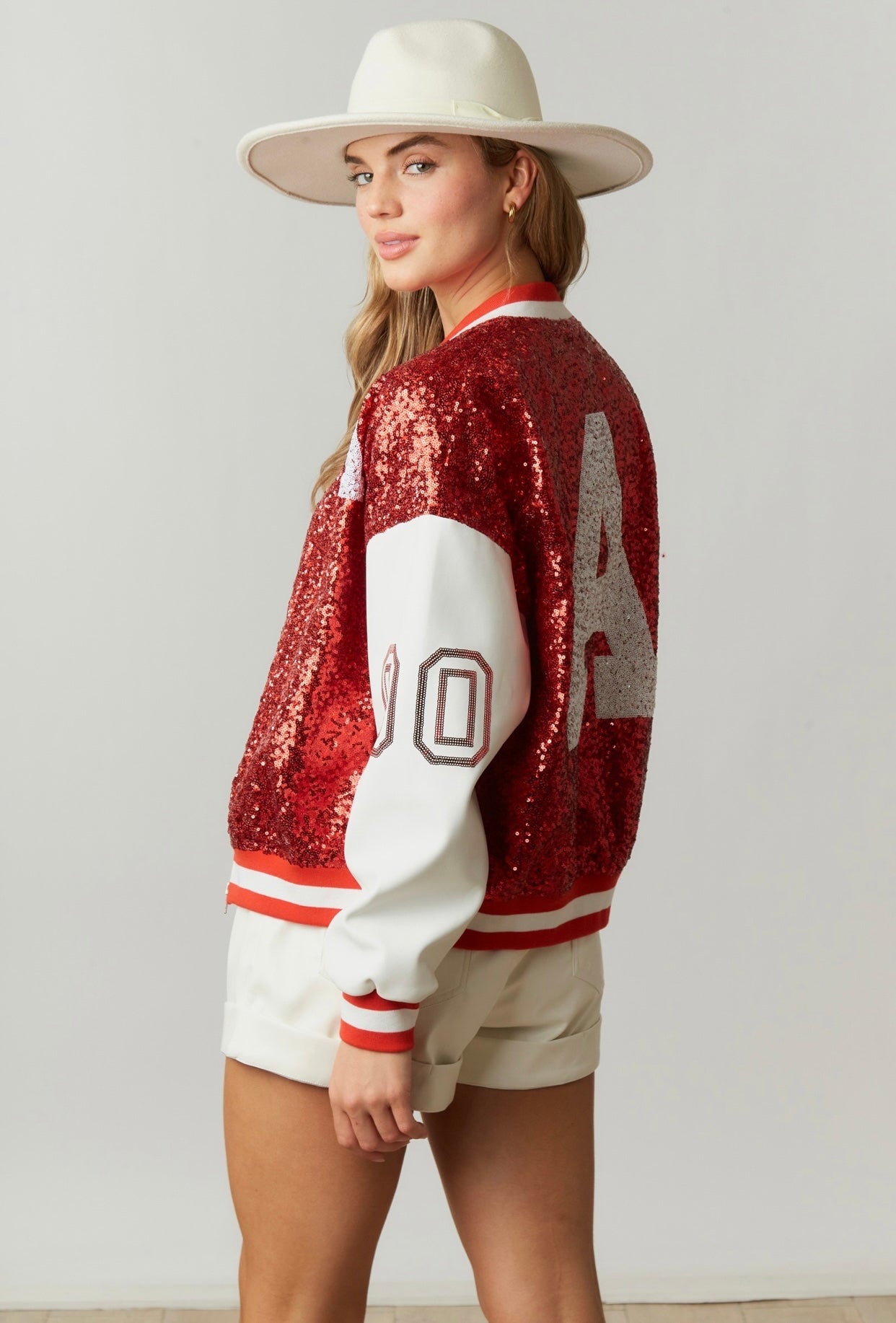 Quarterback Girl Red Sequin Letterman Jacket