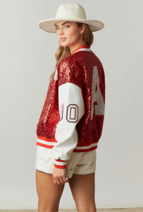 Quarterback Girl Red Sequin Letterman Jacket