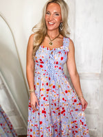 Load image into Gallery viewer, There She Goes Blue Floral Contrast Midi Dress
