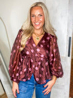 Load image into Gallery viewer, Brown/Pink Polka Dot Baby Doll Blouse

