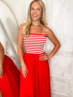 Load image into Gallery viewer, Midsummer Meeting Red Stripe Strapless Maxi Dress
