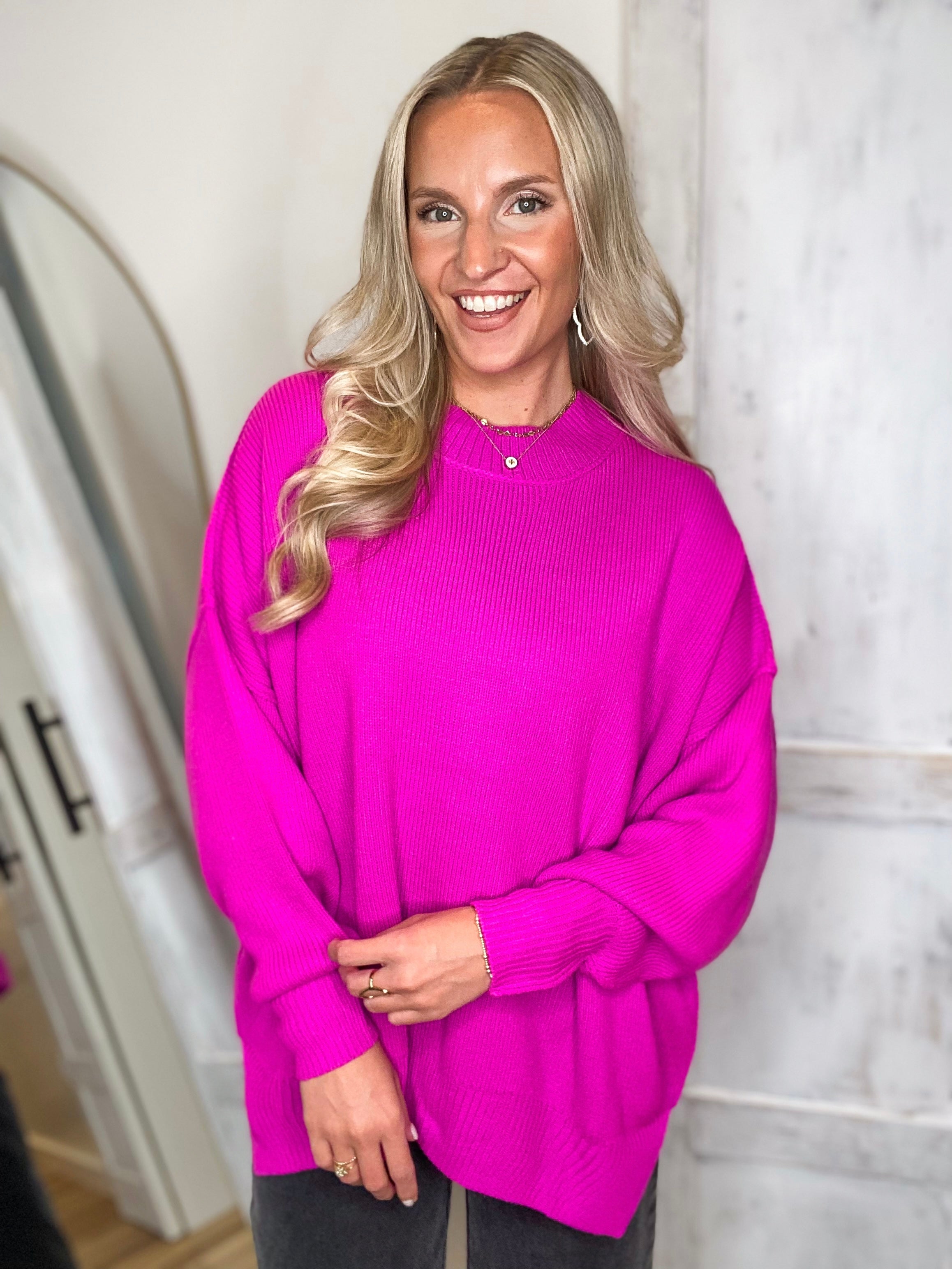 Far Out Magenta Oversized Knit Sweater