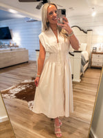 Load image into Gallery viewer, About Time Champagne Front Zip Midi Dress
