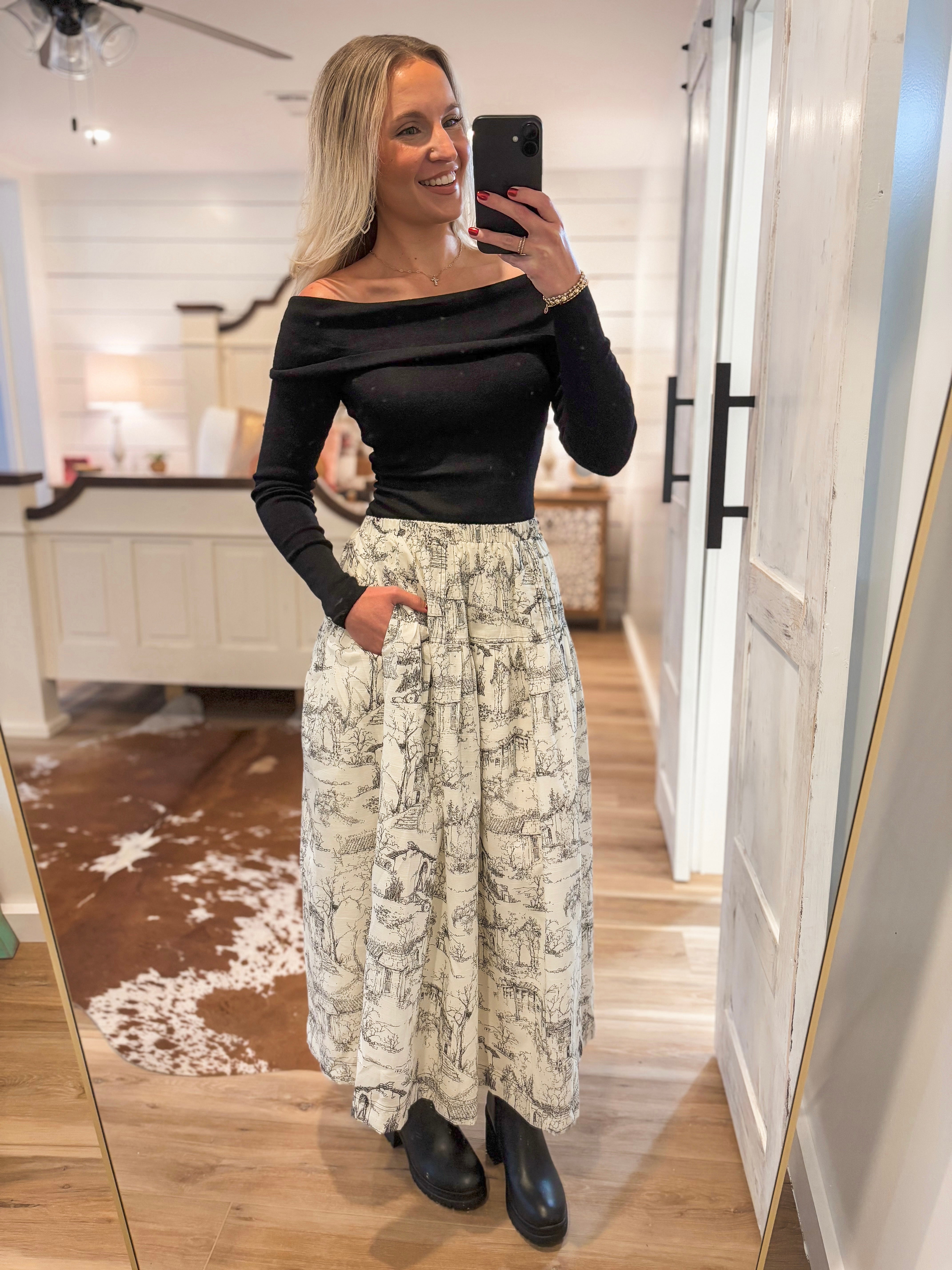 Keeping Faith Black & Ivory Printed Maxi Skirt