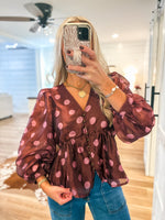 Load image into Gallery viewer, Brown/Pink Polka Dot Baby Doll Blouse
