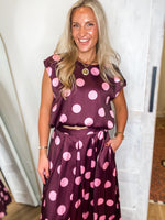 Load image into Gallery viewer, Plum Polka Dot Bubble Top &amp; Midi Skirt Set
