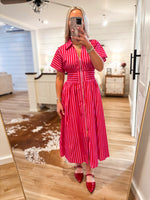 Load image into Gallery viewer, Fading Memory Red/Pink Stripe Front Zip Midi Dress
