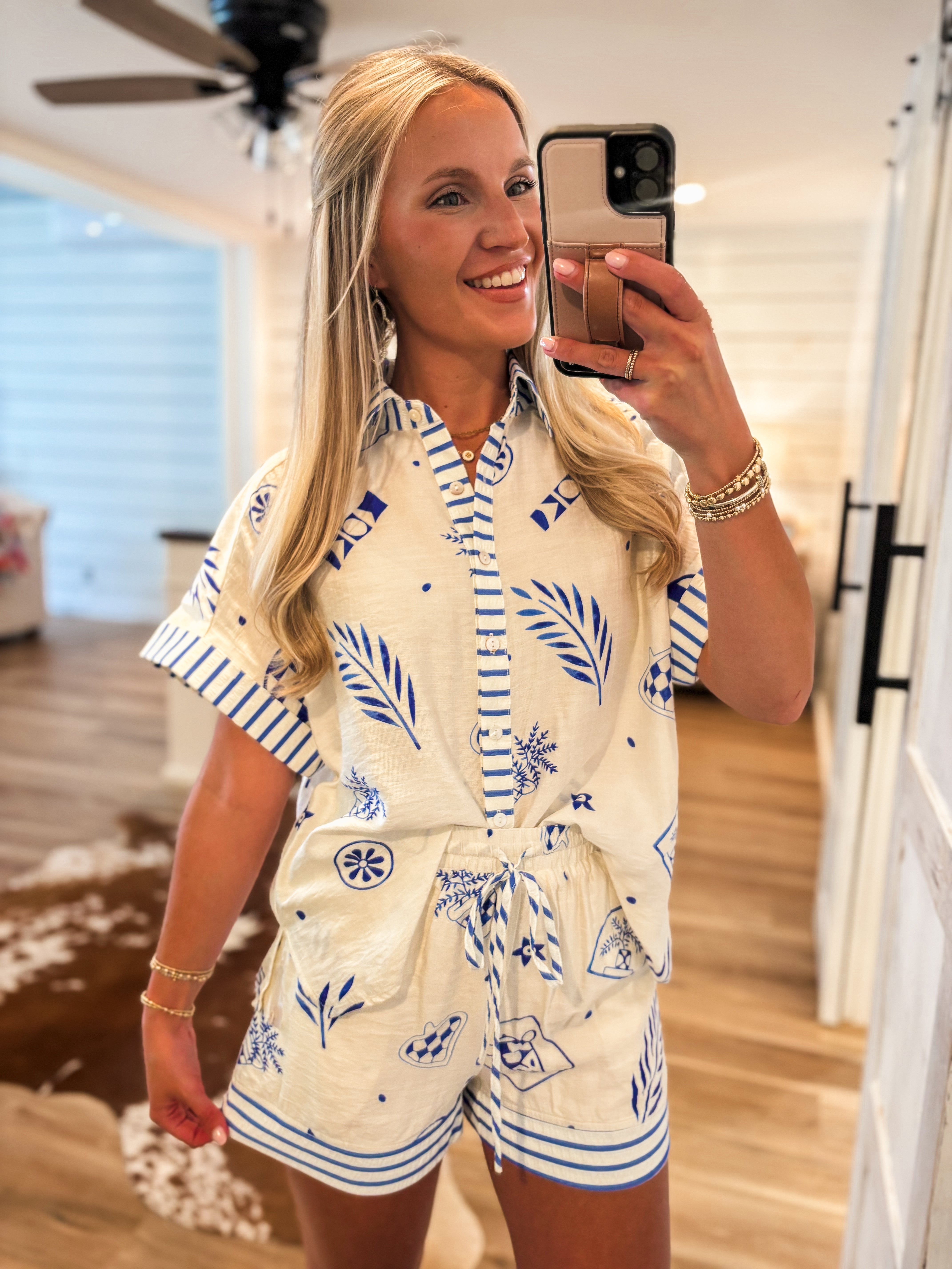 Venturing Out Royal Blue Printed S/S Button Up & Shorts Set