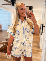 Load image into Gallery viewer, Venturing Out Royal Blue Printed S/S Button Up &amp; Shorts Set
