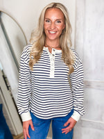 Load image into Gallery viewer, Almost Late Ivory &amp; Navy Stripe L/S Henley
