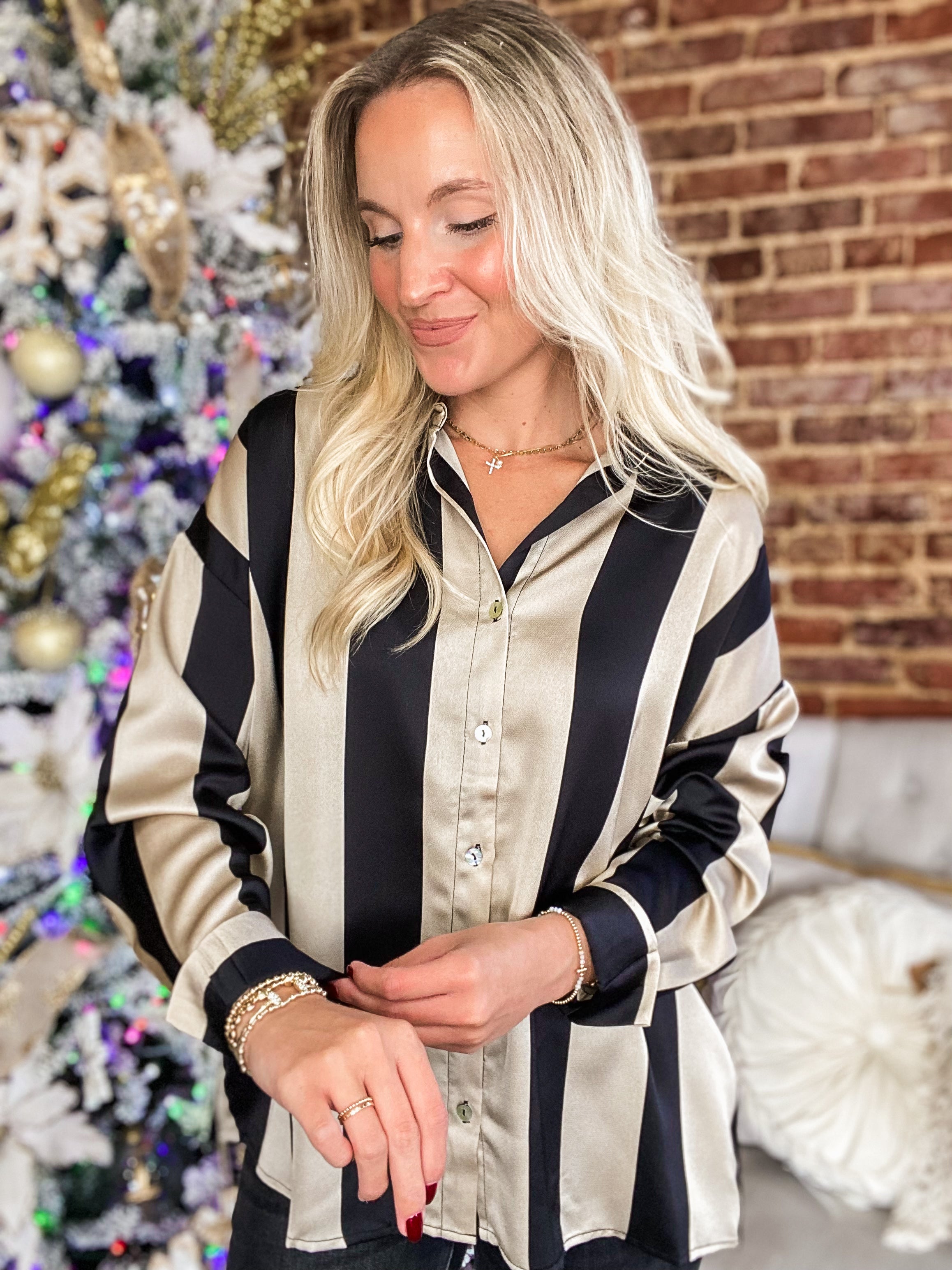 Guest List Black & Taupe Stripe Button Down Blouse