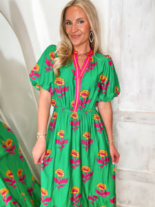 On The Rise Kelly Green Floral Midi Dress