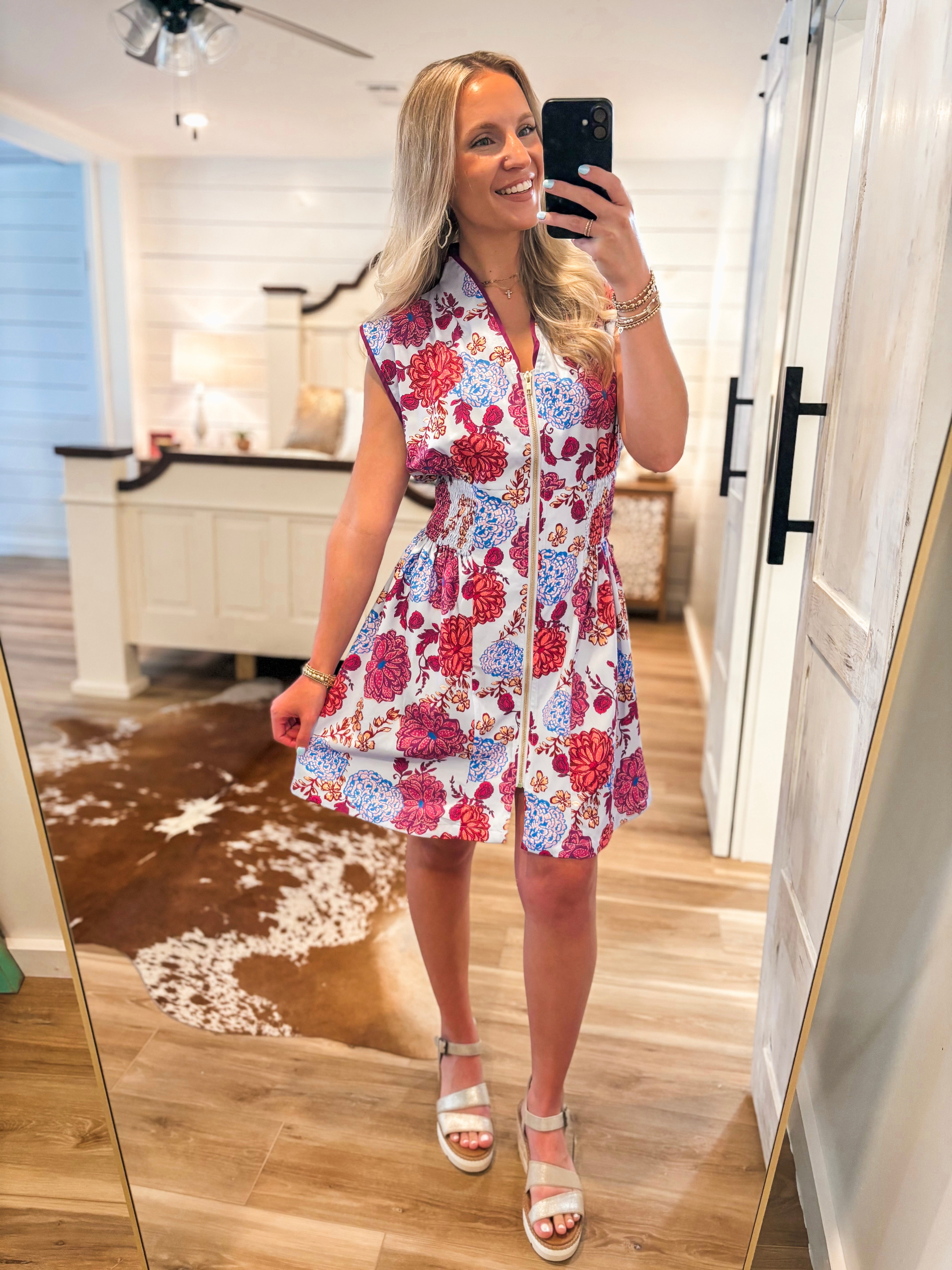 It's In The Air Blue Floral Front Zip Mini Dress