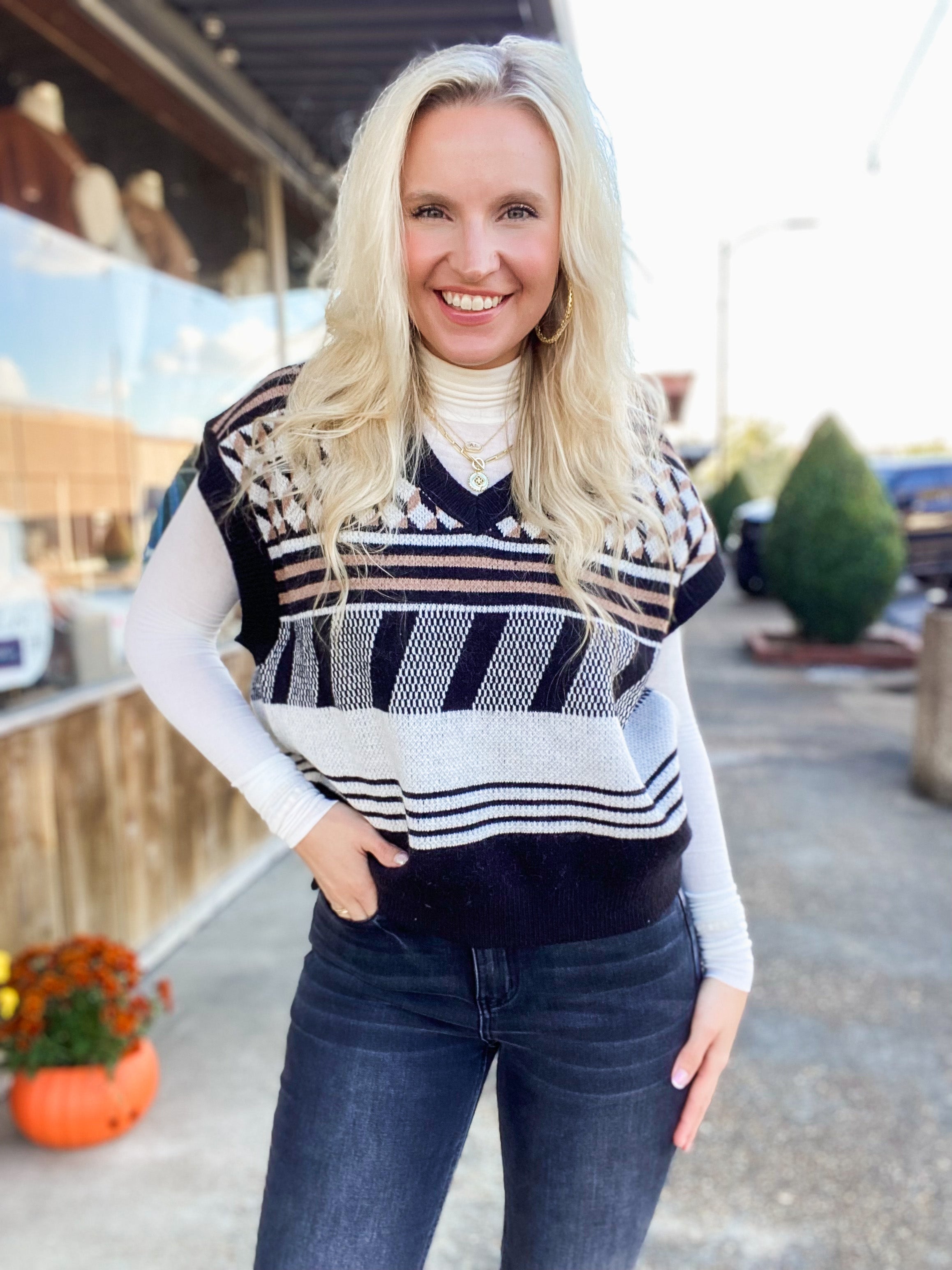 Once Again Black & Ivory Printed Sweater Vest Blouse