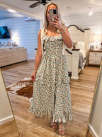 Load image into Gallery viewer, Dreaming Here Cream/Blue Floral Midi Dress
