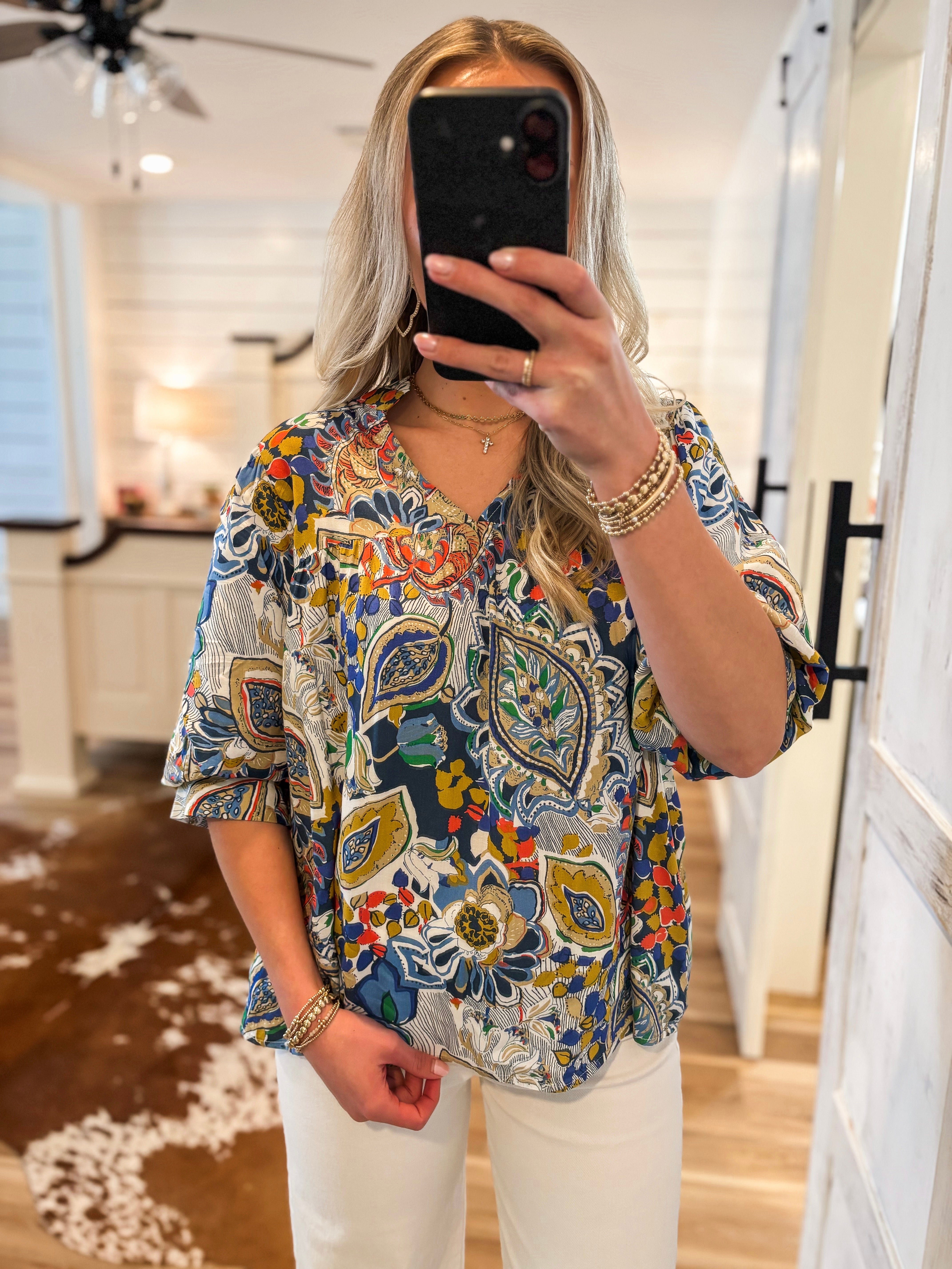 Chase Me Navy Printed Mix Blouse