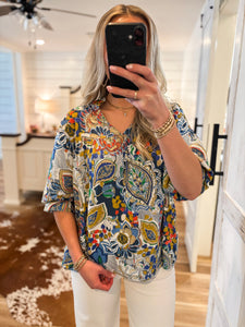 Chase Me Navy Printed Mix Blouse