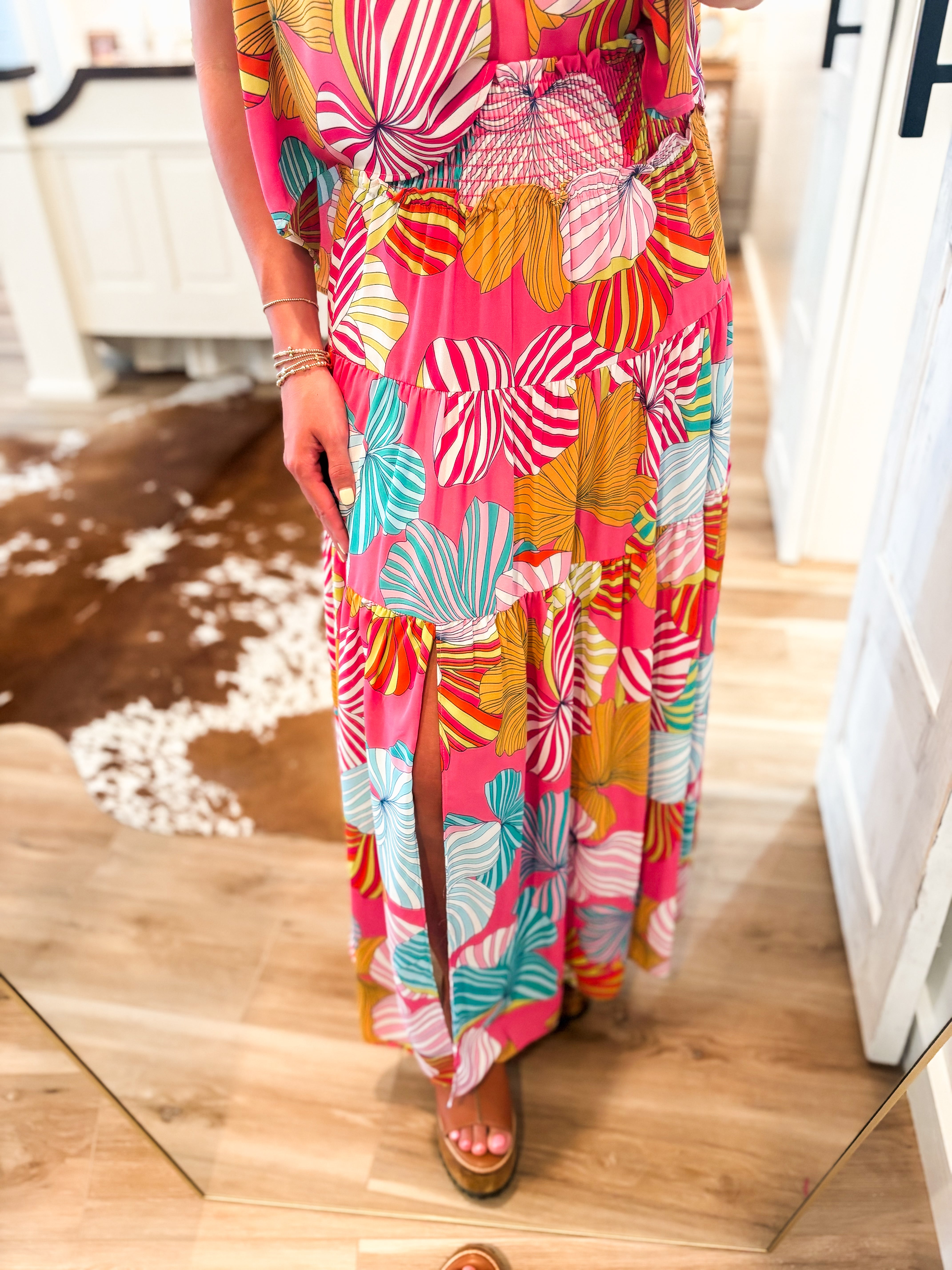 Dance With Me Pink Multi Floral ADRIENNE Top & Maxi Skirt Set