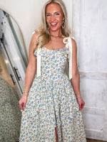 Load image into Gallery viewer, Dreaming Here Cream/Blue Floral Midi Dress
