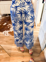 Load image into Gallery viewer, Secret Getaway Royal Blue Palm Blouse &amp; Pant Set
