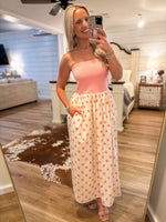 Load image into Gallery viewer, First Look Pink Polka Dot Strapless Midi Dress
