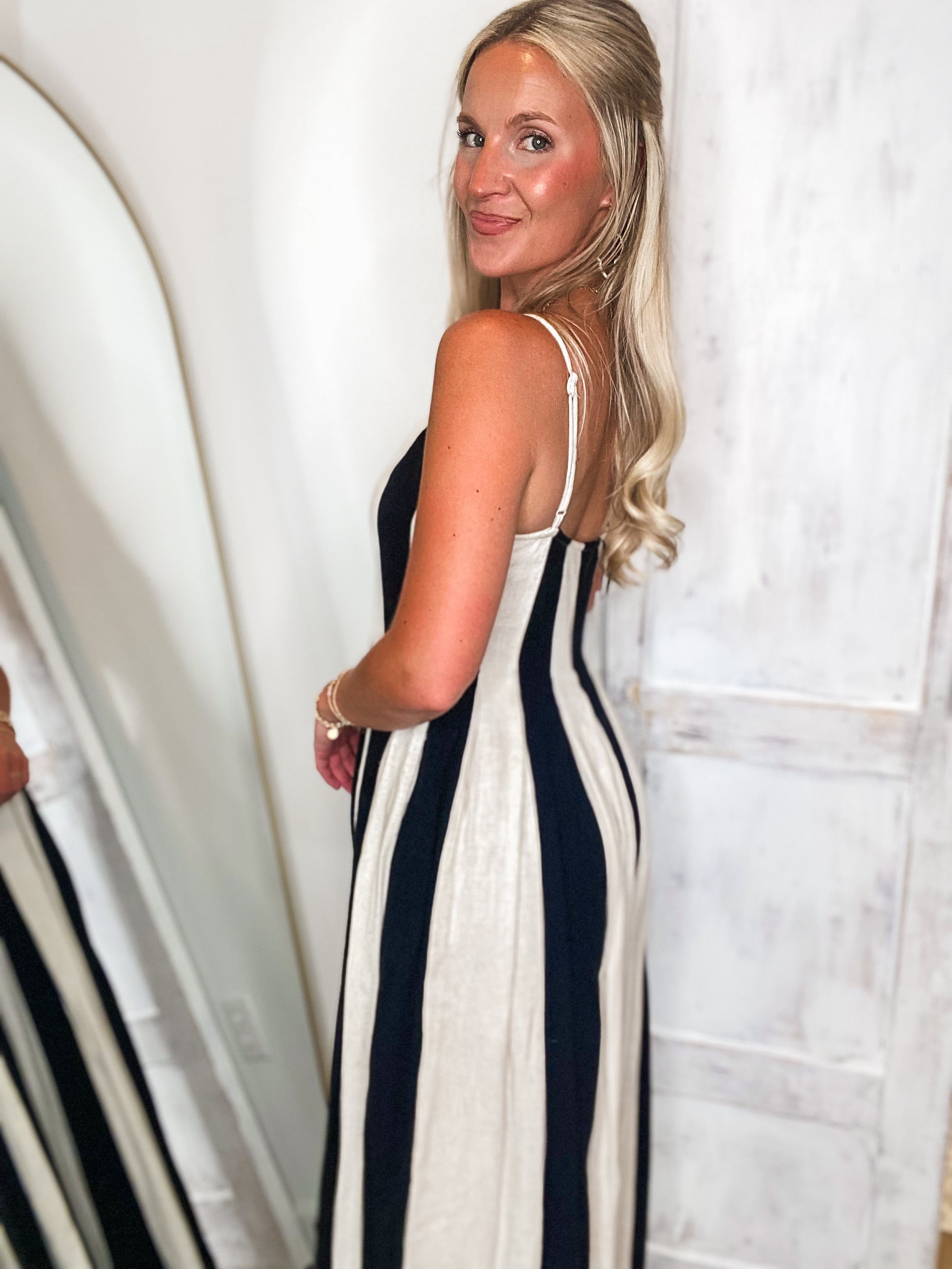 Time To Go Ivory & Black Stripe Linen Jumpsuit