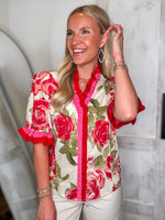 Load image into Gallery viewer, Garden Tea Party Pink Floral Contrast Blouse
