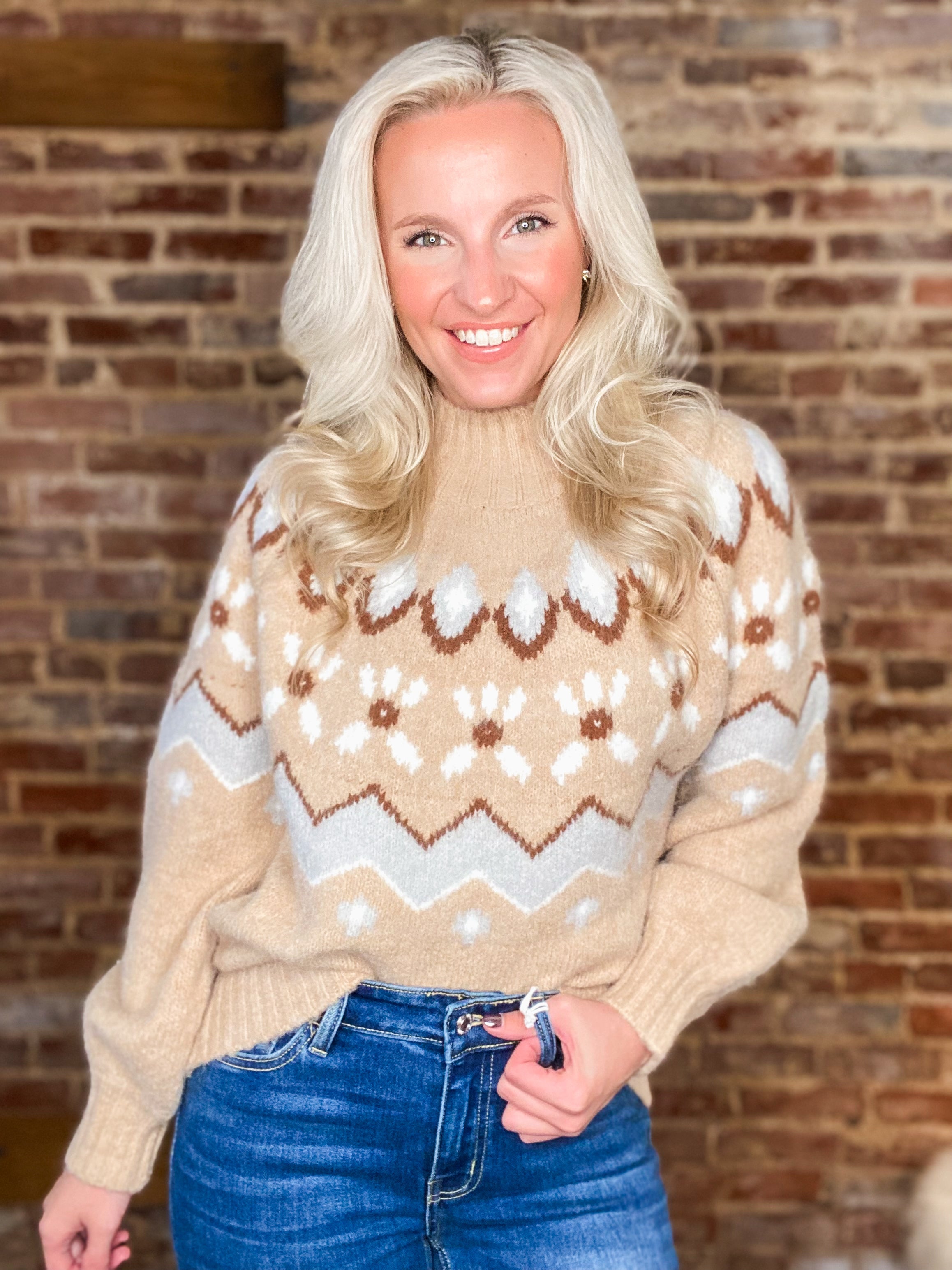 Gathered Around Taupe Printed Mock Neck Sweater