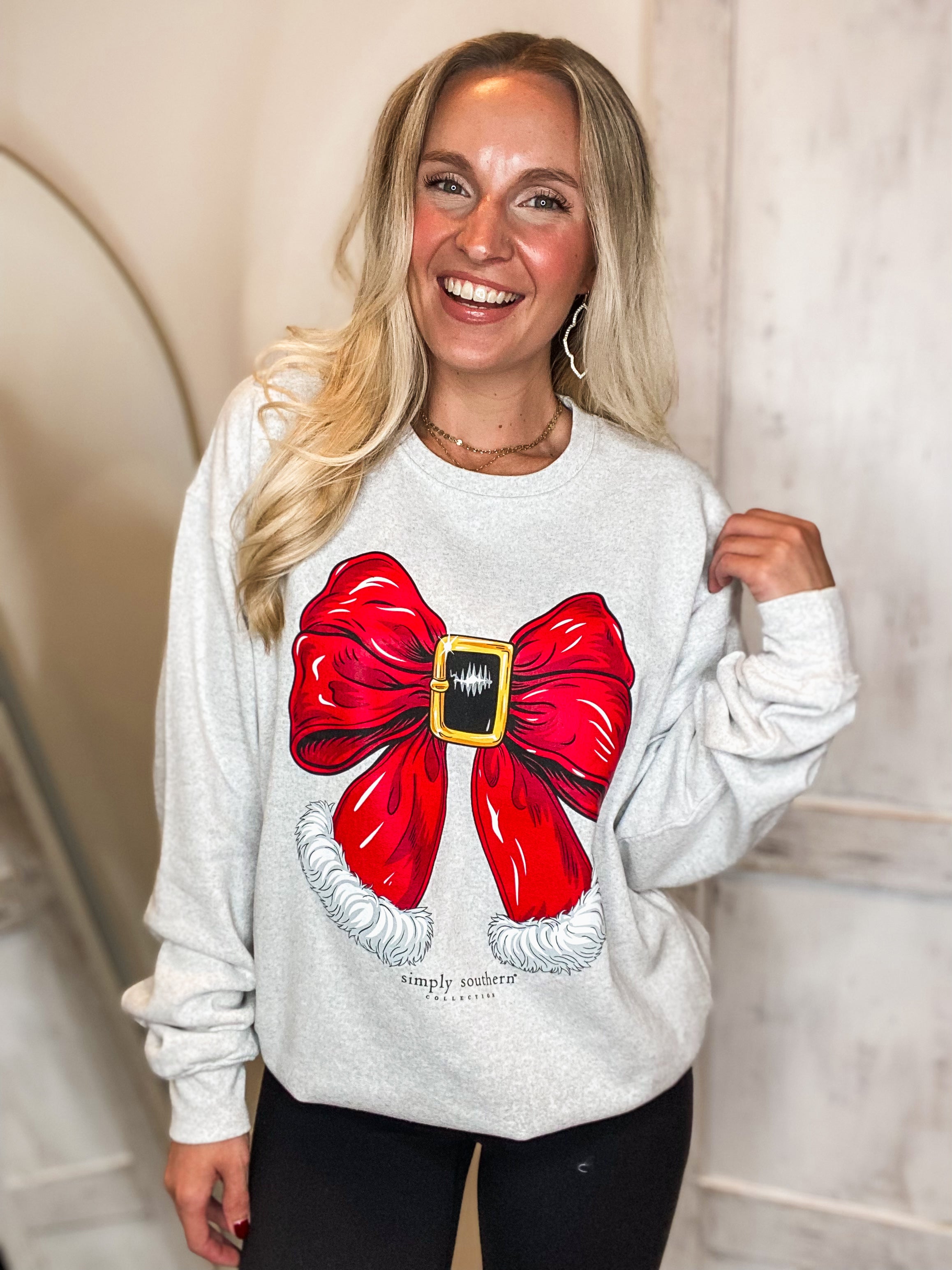 Santa Bow Gray Simply Southern Sweatshirt