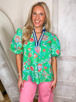 Load image into Gallery viewer, Perfect Day Kelly Green Paisley Contrast Blouse
