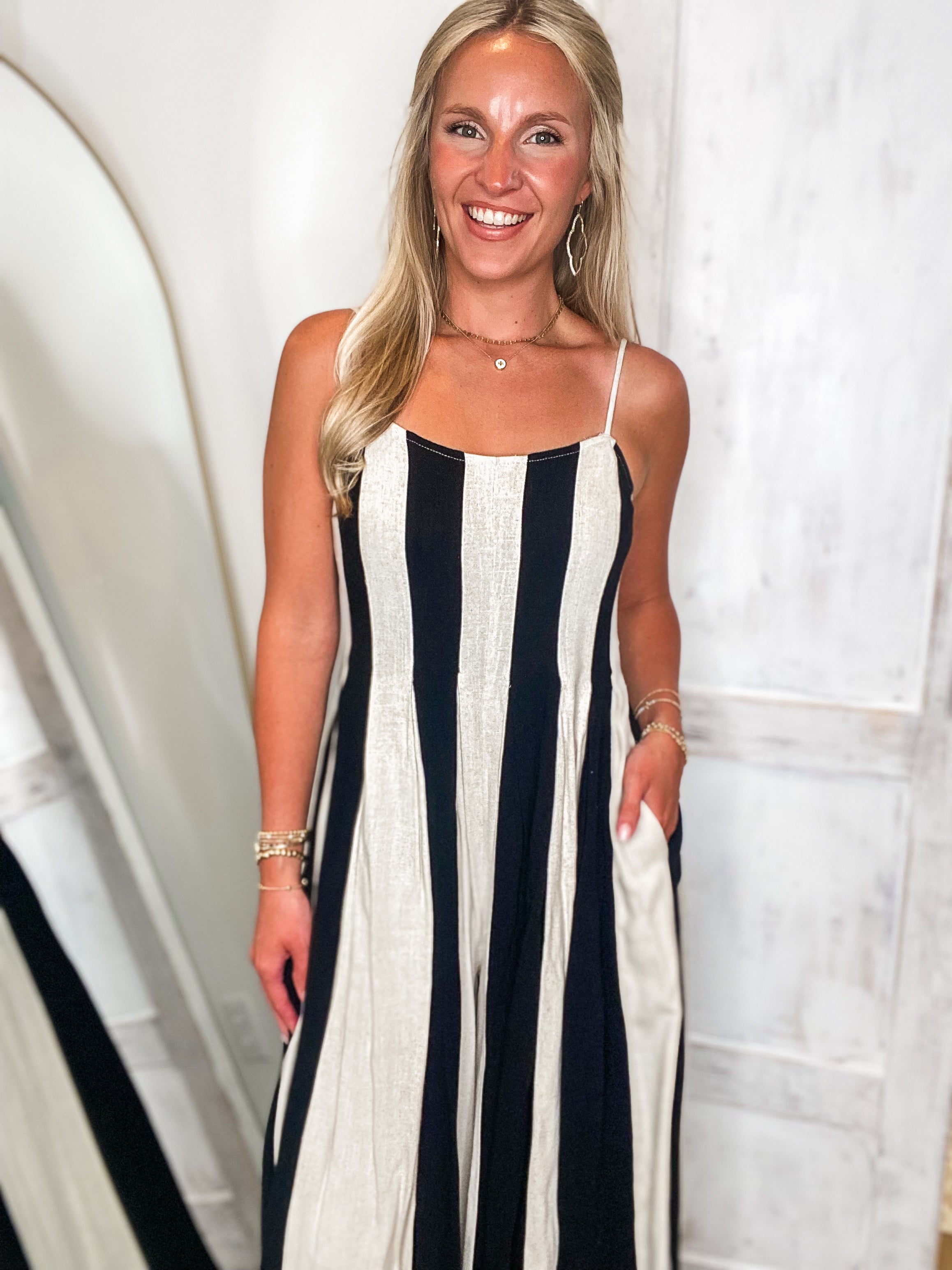Time To Go Ivory & Black Stripe Linen Jumpsuit