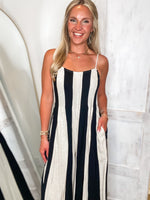 Load image into Gallery viewer, Time To Go Ivory &amp; Black Stripe Linen Jumpsuit
