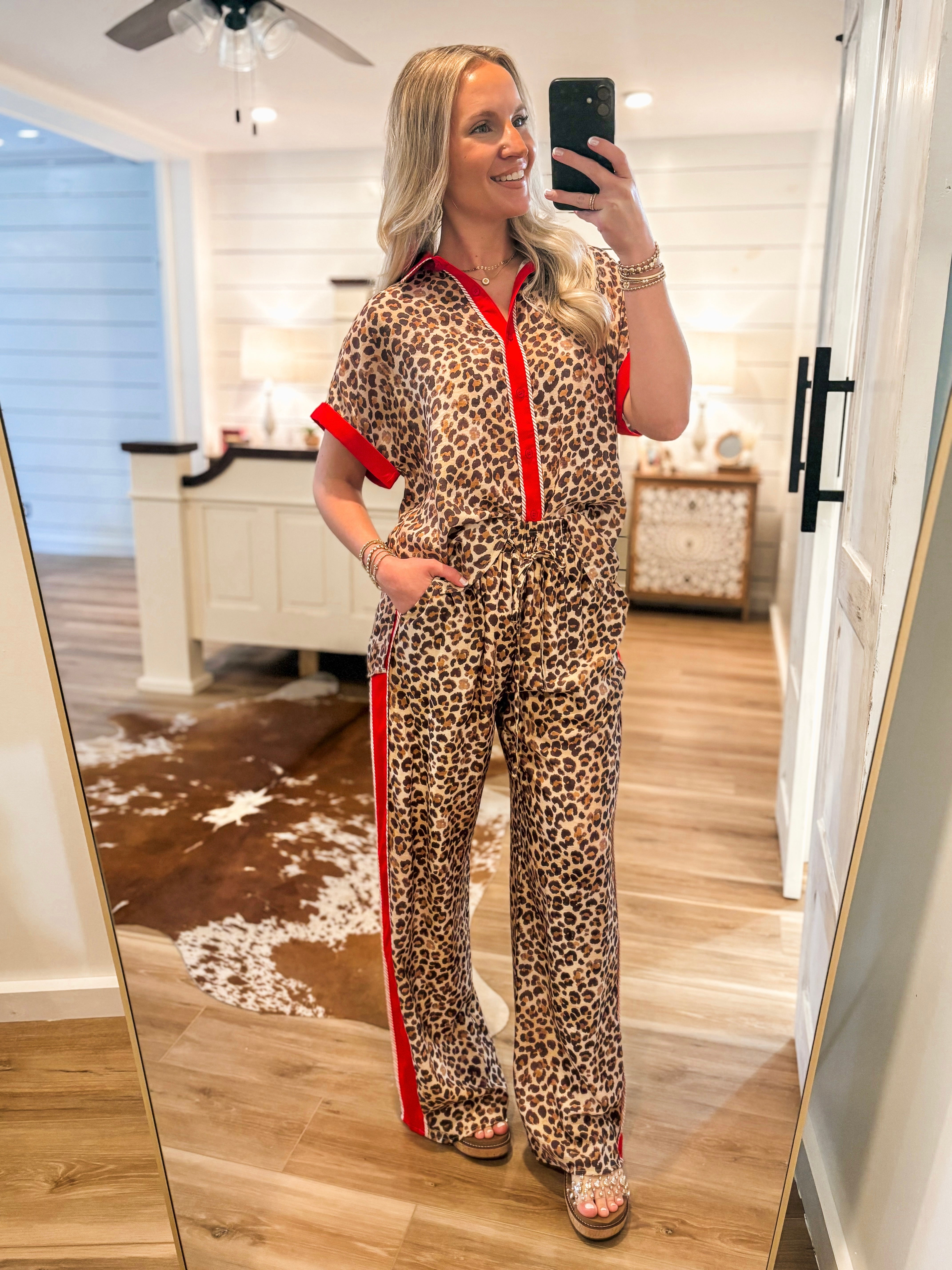 Walk Out Leopard Contrast Button Down S/S Blouse