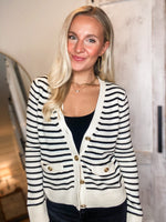 Load image into Gallery viewer, Pretty Tonight Ivory &amp; Black Stripe Cardigan
