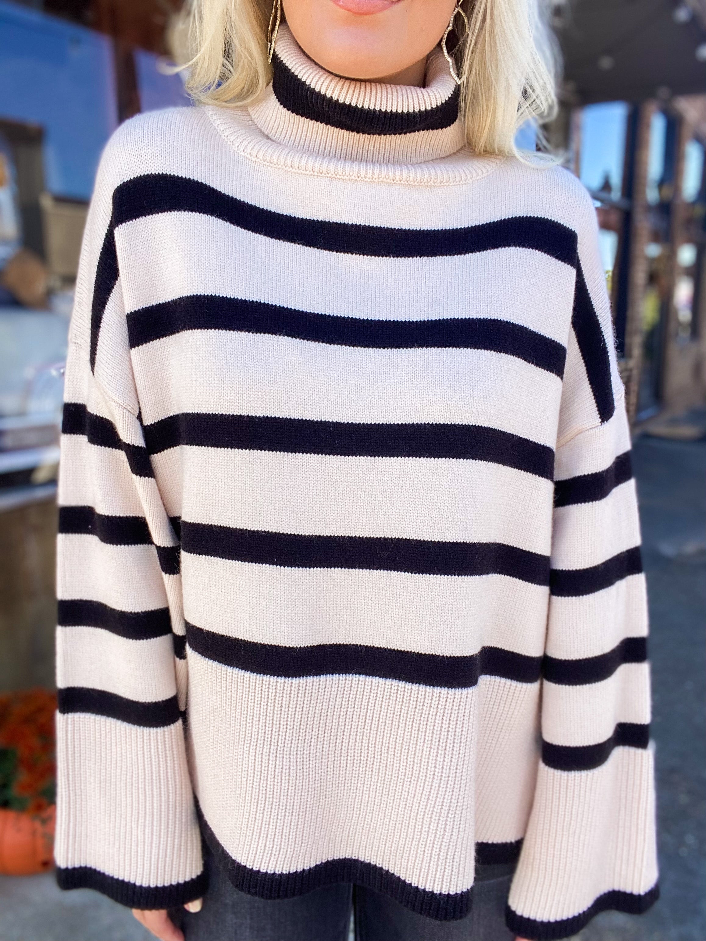 What I Really Want Ivory & Black Striped Turtleneck Sweater