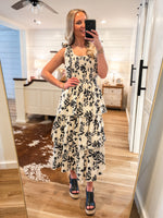 Load image into Gallery viewer, Feel The Light Ivory &amp; Black Floral Midi Dress
