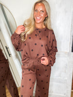Load image into Gallery viewer, Brown Polka Dot L/S Crew &amp; Lounge Pant Set
