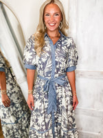 Load image into Gallery viewer, Carry You Slate Blue Floral Midi Dress
