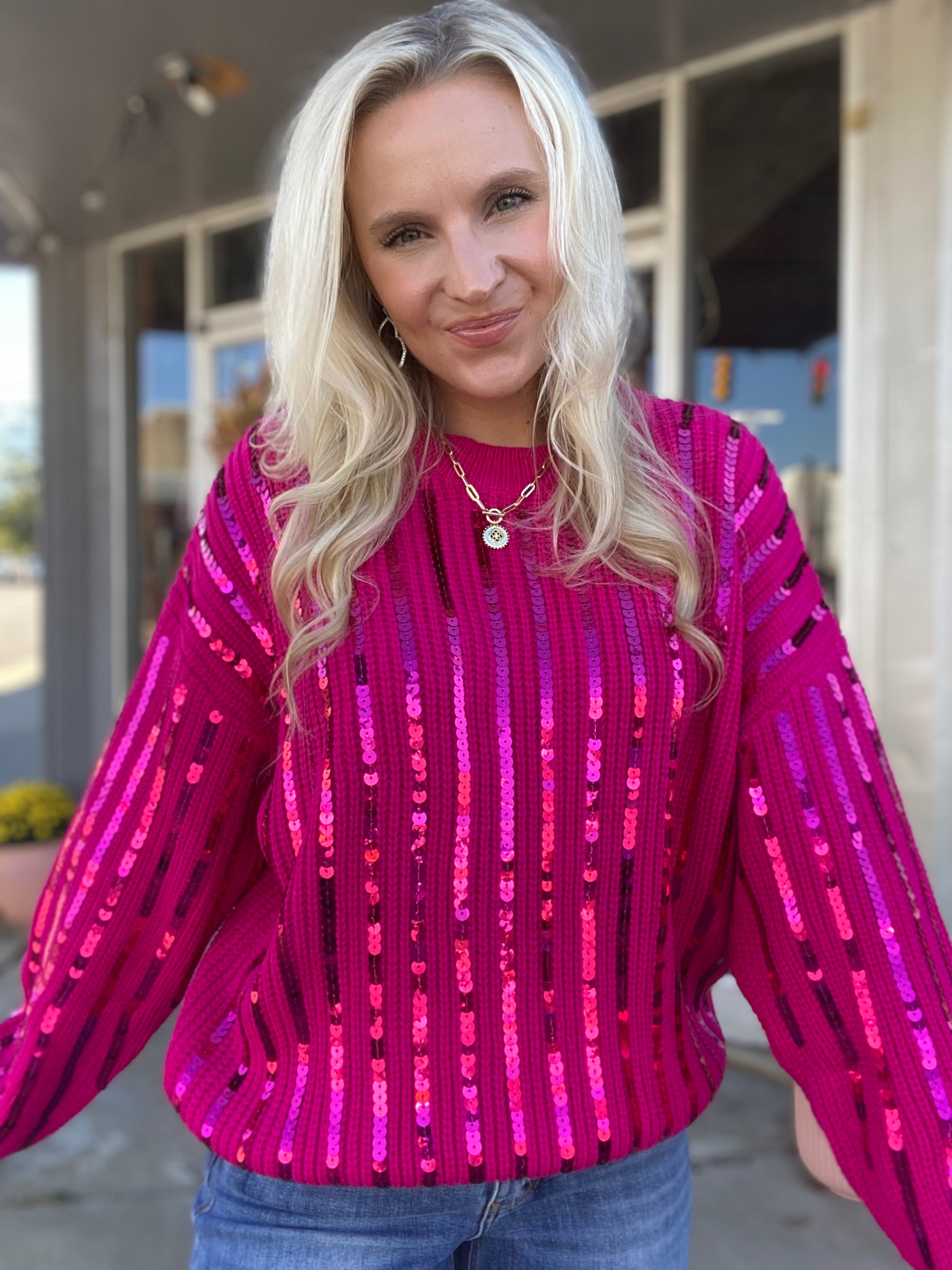 Won My Heart Fuchsia Knitted Sequin Sweater