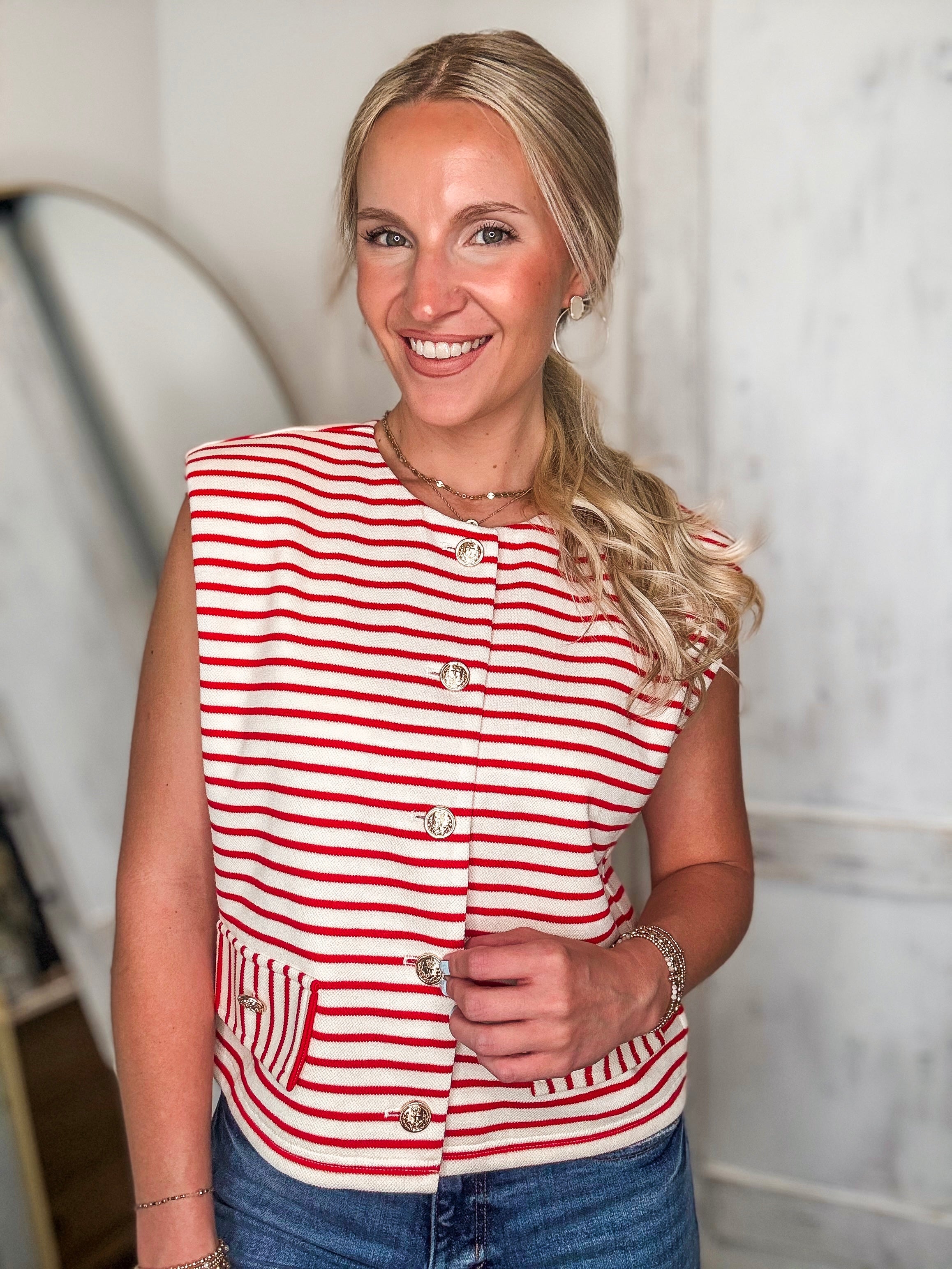 Left Unsaid Red & White Stripe Vest Blouse