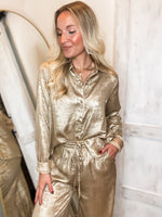 Load image into Gallery viewer, Don&#39;t Mind Gold Metallic Button Down Blouse
