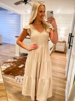 Load image into Gallery viewer, Take My Chance Taupe Midi Dress
