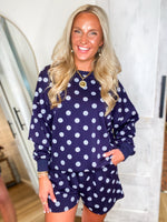 Load image into Gallery viewer, Plans To Go Navy Polka Dot Pullover &amp; Shorts Set
