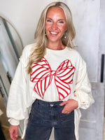 Load image into Gallery viewer, Candy Cane Lane Ivory Bow Pullover
