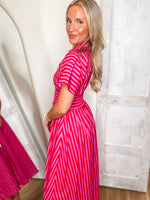 Load image into Gallery viewer, Fading Memory Red/Pink Stripe Front Zip Midi Dress
