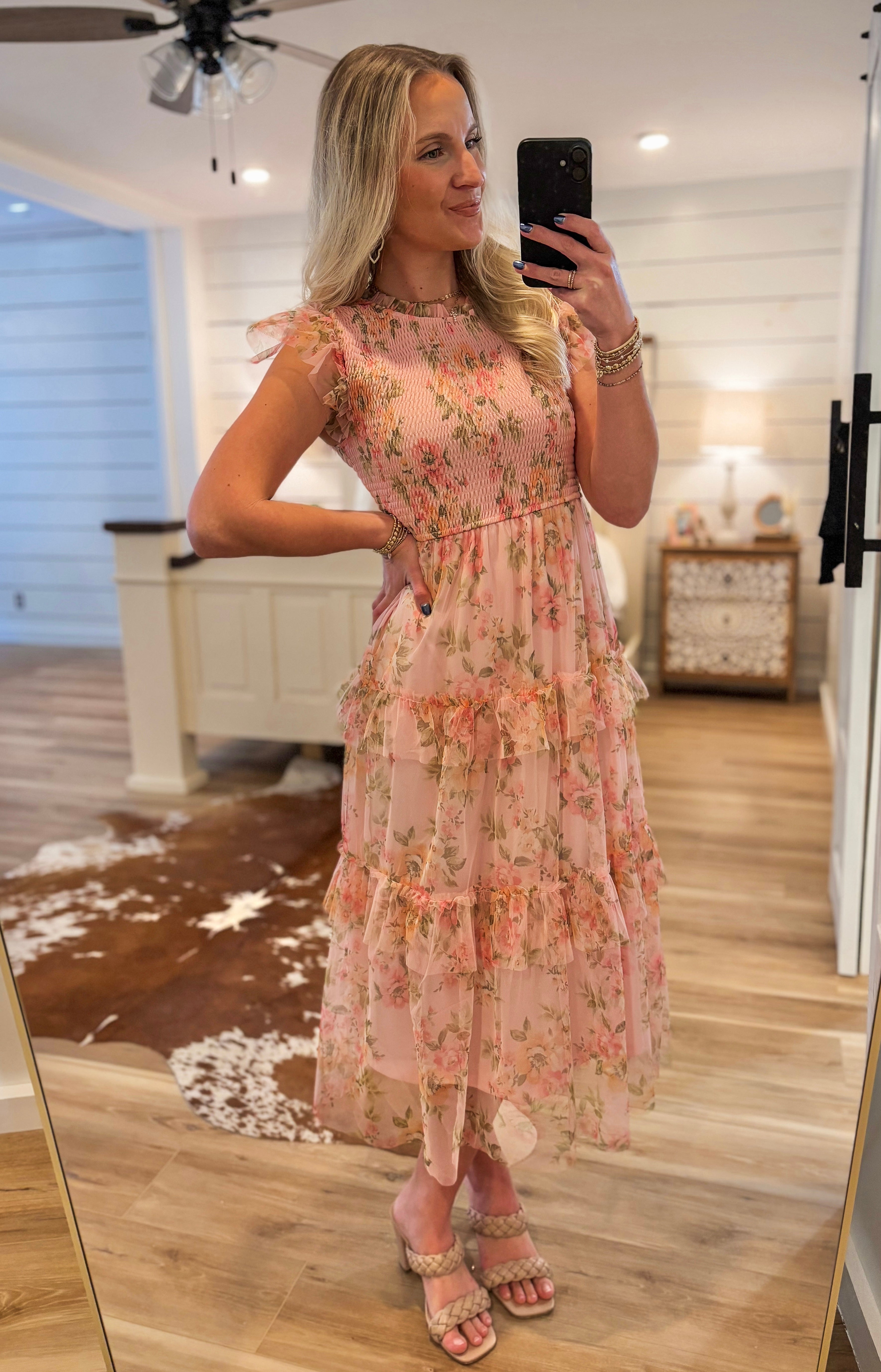 Closer View Light Pink Floral Midi Dress