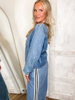 Load image into Gallery viewer, Step Forward Denim Zip Track Jacket
